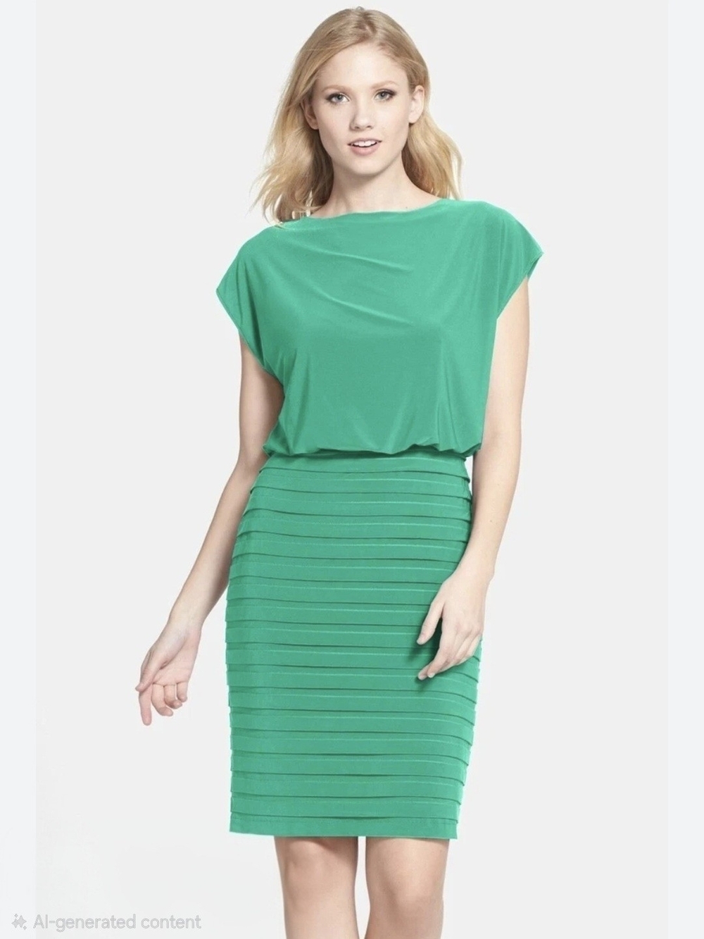 emerald green dress features a draped, shutter-pleat bodice and a tiered, ruched